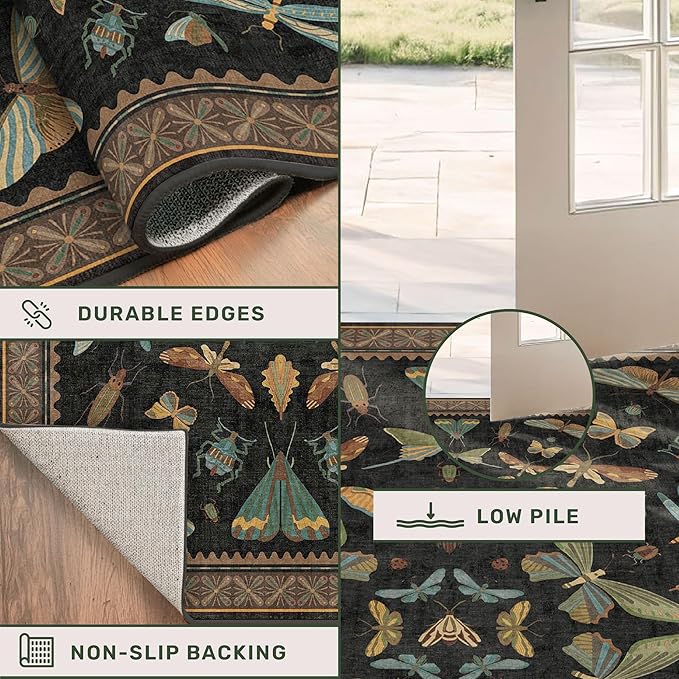 Vintage Insect 2x8 Black Entryway Runner Rug, Washable Non Slip Runners for Kitchen, Boho & Nature Long Rugs for Hallway, Low Pile Soft Stain Resistant Carpet