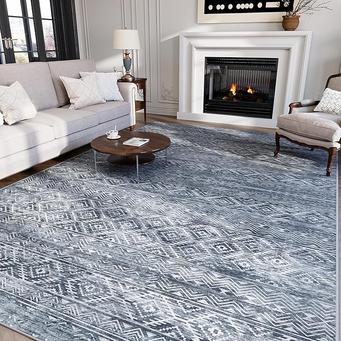 9x12 Area Rugs Washable Rug: Anti-Skid Abstract Modern Living Room Rug Soft Thin Carpets Indoor Floor Non-Shedding Carpet for Bedroom Dining Farmhouse Nursery Home Office (Blue Grey White, 9'x12')