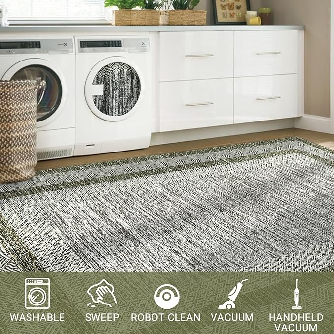 GarveeHome 2.5x8 Modern Bordered Runner Rug Soft Non Slip Washable Floor Carpet Distressed Geometric Hallway Indoor Printed Rug for Kitchen Entrance, Green