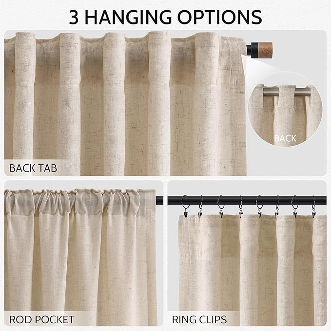 Nanspring Grey Flax Linen Curtains 72 Inches Long for Living Room Light Filtering Mordern Boho Semi Sheer Curtains Back Tab and Rod Pocket Privacy Neutral Curtain for Bedroom Office 52x72, 2 Panels