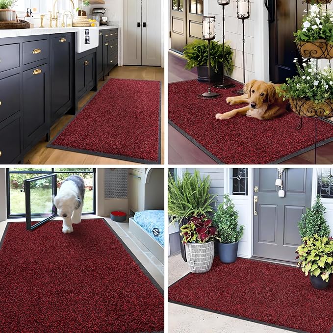 Mibao Front Door Mat, Dirt Trapper Welcome Mat for Outdoor Indoor, Non-Slip Waterproof Doormat, Durable Machine Washable Low Profile Entry Rug for Back Door Outside Patio Porch, 32" x 20", Red