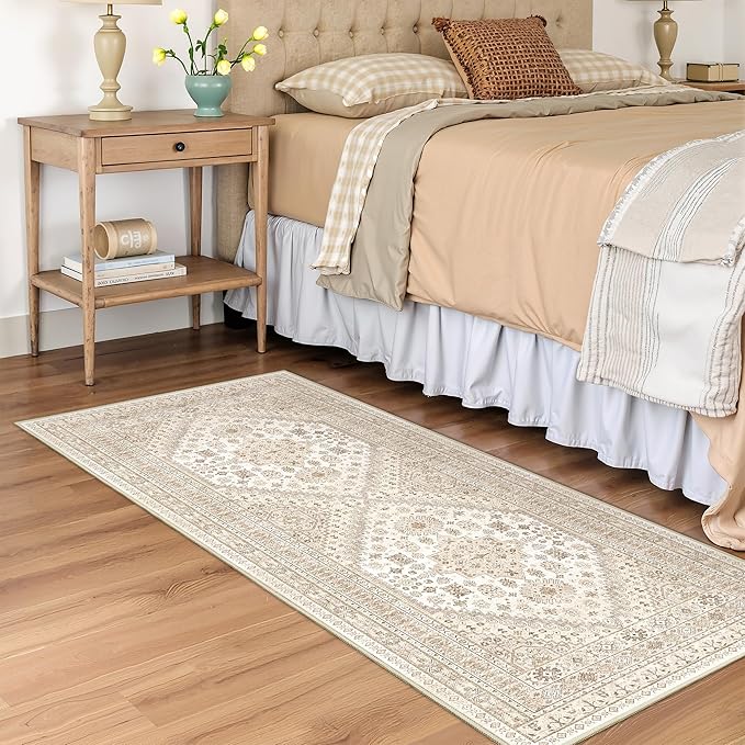 Runner Rug 2x6, Ultra-Thin Entryway Rug Non Slip Washable Rugs for Laundry Room, Runners for Hallways, Vintage Soft Rugs for Living Room, Kitchen, Bedroom(Cream/Beige,2'x6')