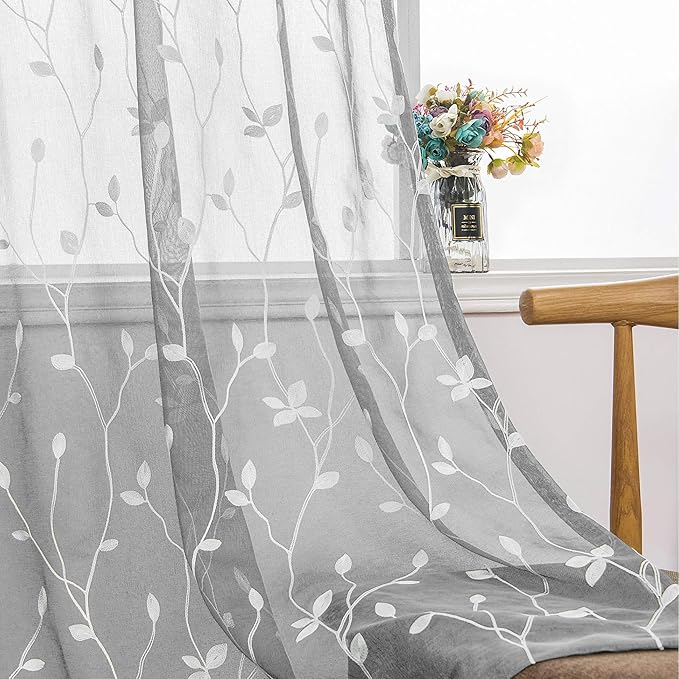 AmHoo 2 Panels Embroidered Leaf Pattern Semi Sheer Curtains Foliage Floral Voile Window Draperies Treatment for Bedroom Living Room Rod Pocket Light Gray 53 x 95 Inch