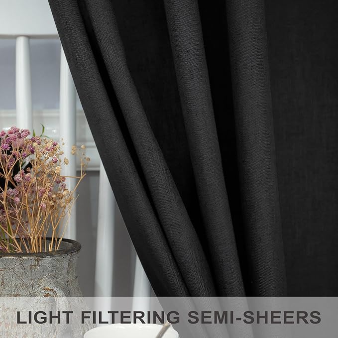 Modern Black Linen Curtains 96 Inches Long for Bedroom 2 Panels Set Back Tab Pocket Boho Drape Semi Sheer Lace Cotton Trendy Elegant Curtain for Living Room Bay Window Mid Century Halloween Decor 8 FT