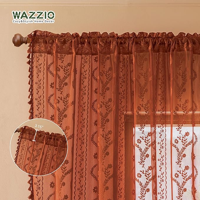 WAZZIO Boho Lace Curtains 102 Inch 2 Panels -Vintage Sheer Panel Drape Floral Pattern & Tassel Light Filtering Privacy for Bedroom Dining Living Room,Cottage Earthy Full Decor Terracotta,W52 x 102L