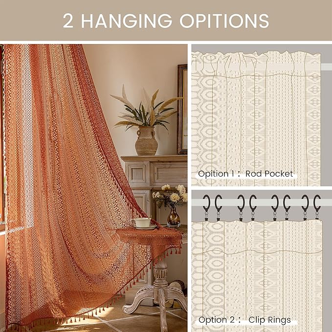 WAZZIO Burnt Orange Curtains Sheer 45 Inch Length Bedroom Short Small Cafe Rod Pocket Vintage Fall Privacy Let Light in Cotton Lace Boho 2 Panel, Terracotta