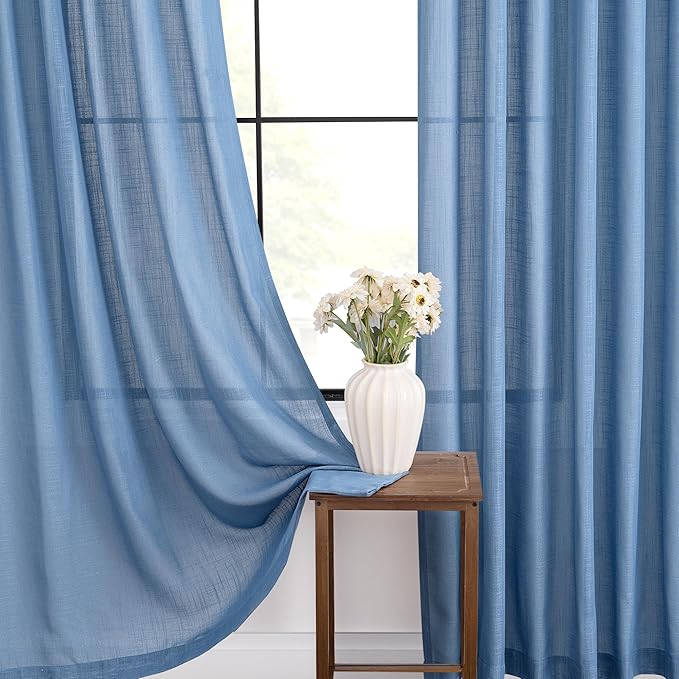 Denim Blue Curtains for Living Room Back Tab Modern Farmhouse Semi Sheer Blue Curtains 100 inches Long 2 Panels Set Muted Neutral Window Curtain for Dining Room Bedroom 52x100