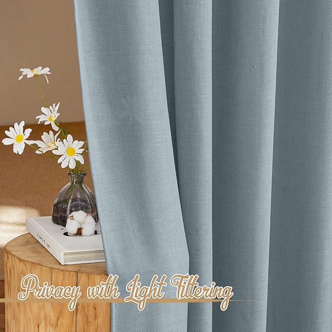NICETOWN Linen Blend Mist Blue Curtains for Living Room, Rod Pocket & Back Tab Flax Burlap Window Treatments Semi Sheer Privacy with Light Filtering Drapes for Bedroom, W52 x L84, 2 Panels