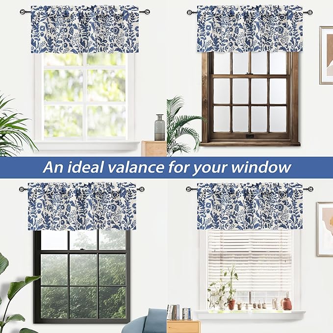 DriftAway Julia Watercolor Blooming Flower Floral Lined Thermal Insulated Window Curtain Valance Rod Pocket 52 Inch by 14 Inch Plus 1.75 Inch Header Linen Blend Navy 1 Pack