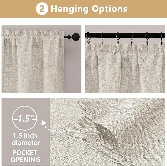 OVZME Natural Valance for Windows, Light Filtering Faux Linen Textured Small Short Valance Kitchen Curtain, Dual Rod Pocket Top Short Window Curtain for Bathroom Basement Farmhouse, 1 Piece, 60Wx14L