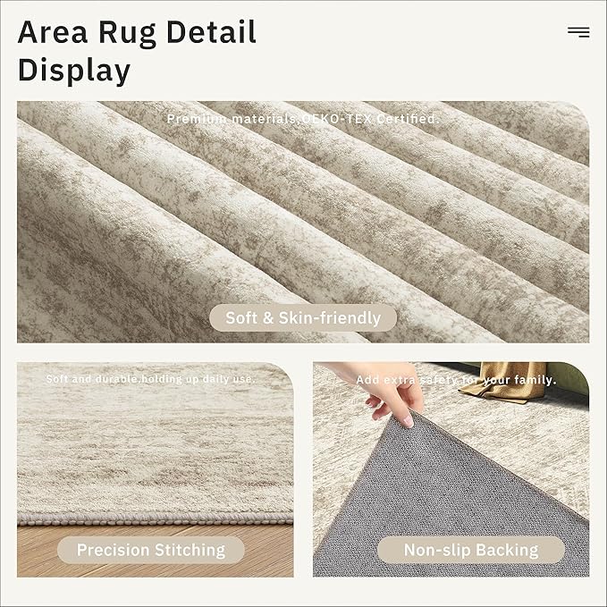 5x8 Area Rugs Beige Low Pile Indoor Washable Trendy Faded Style Rugs for Bedroom Living Room Dining Room Foldable Non-Slip Thin Print Home Office Mat