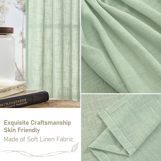 LAMIT Sheer Linen Curtains 63 Inch for Bedroom, Light Filtering Neutral Semi Sheer Farmhouse Boho Curtains Back Tab and Rod Pocket Living Room Panels, Fresh Green, 2 Panels, 52 x 63 Inch