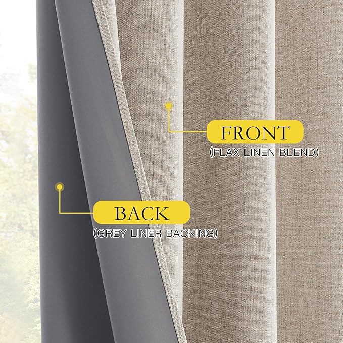 NICETOWN Oatmeal Bedroom Full Blackout Linen Curtain Panels Set of 2, 52" by 72", Thick Insulated Classic Grommet Blackout Draperies with White Thermal Insulated Liner for Windows