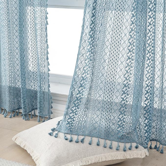 WAZZIO Boho Lace Curtains 84 Inches 2 Panel,Light Filtering Privacy Tassel & Geometry Crochet Semi Sheer Curtain Drapes for Bedroom Living Dining Room,Rod Pocket & Tassel,Light Slate Blue