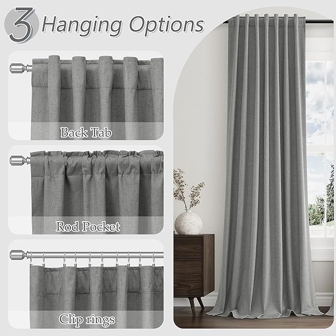 Guken 100% Blackout Linen Curtains 72 Inch Length 2 Panels Set for Living Room Bedroom Back Tab Thermal Insulated Black Out Linen Drapes Room Darkening Window Curtains,Dark Grey