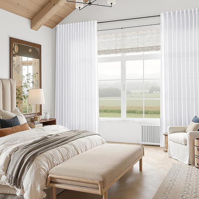 Snow White Linen Curtains 72 Inches Long for Living Room Light Filtering Semi Sheer Curtain Back Tab Luxury Neutral Coastal Modern Farmhouse Decor Drapes for Bedroom Dinner Room 52x72, 2 Panels