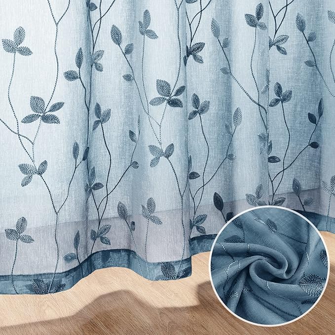 HOMEIDEAS Cyan Blue Sheer Curtains 52 X 96 Inches Length 2 Panels Embroidered Vine Floral Pattern Pocket Faux Linen Semi Sheer Voile Window Drapes for Bedroom Living Room