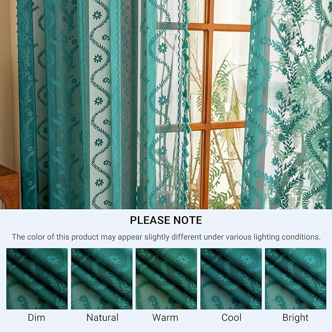 WAZZIO Boho Lace Curtains 2 Panels 45 Inch -Victorian Sheer Panel Drape French Country Floral Pattern & Tassel Light Filtering Privacy for Bedroom Dining Living Room,Coastal Decor,Teal,W52x L45