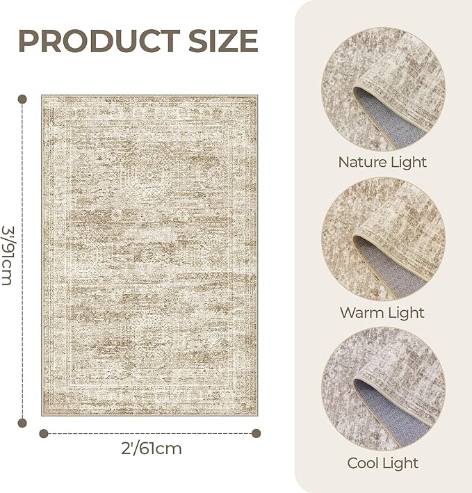 2x3 Washable Rug Runner for Bathroom, Soft Entryway Rug for Laundry Room, Kitchen, Vintage Abstract Hallway Runner for Bedroom, Anti-Slip Door Mat Indoor Entrance(2'x3', Brown/Ivory)