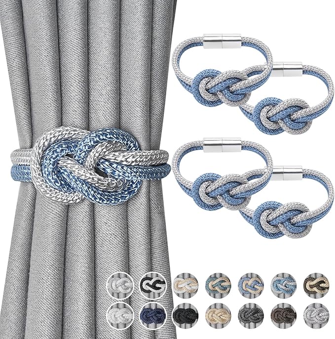 NICEEC 4 Pack Mini Magnetic Curtain Tiebacks Nordic Simple Style Drape Tie Backs Elegant Hand Weave Rope Knot Decorative Curtain Holdbacks for Home & Office Thin Window Drapery (Blue & Grey)