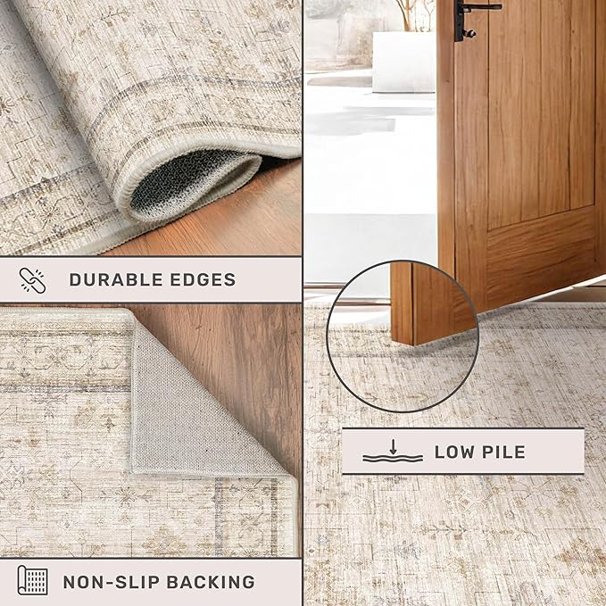 Vintage 3x4 Beige Indoor Rugs for Entryway - Geometric Pattern Washable Non Slip Rug for Kitchen, Bedroom, Laundry Room, Bathroom, Modern Farmhouse Home Décor, Low Pile & Soft Floral Carpet