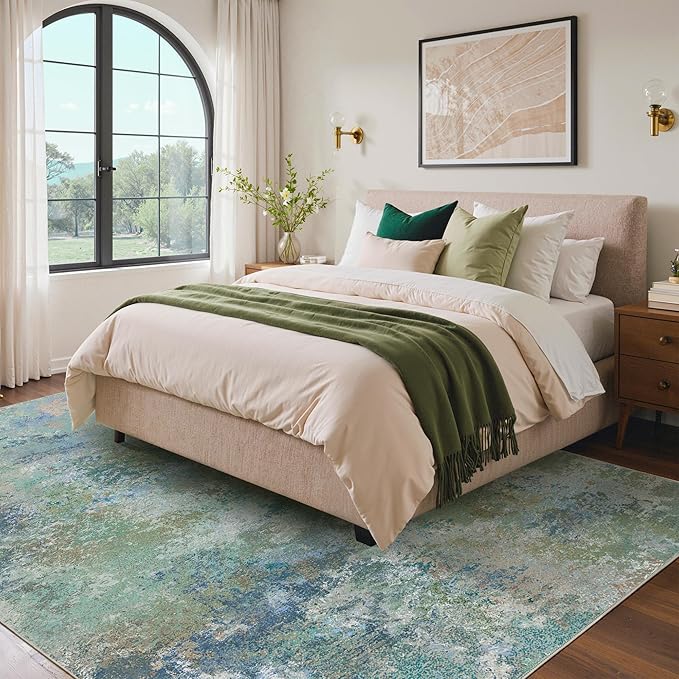 Area Rugs 6x9 for Living Room Bedroom, Modern Abstract Machine Washable Rug, Large Soft Low Pile Floor Carpet with Non Slip Backing for Dining Room, Blue Green