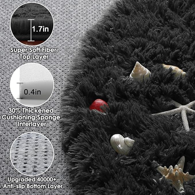 ONASAR Black Round Rugs 8ft for Living Room, Fluffy Bedroom Circle Area Rug, Soft Plush Fuzzy Shaggy Carpet Mat for Kids Girls Boys Teen Nursery Dorm Classroom Home Office Decor Aesthetic