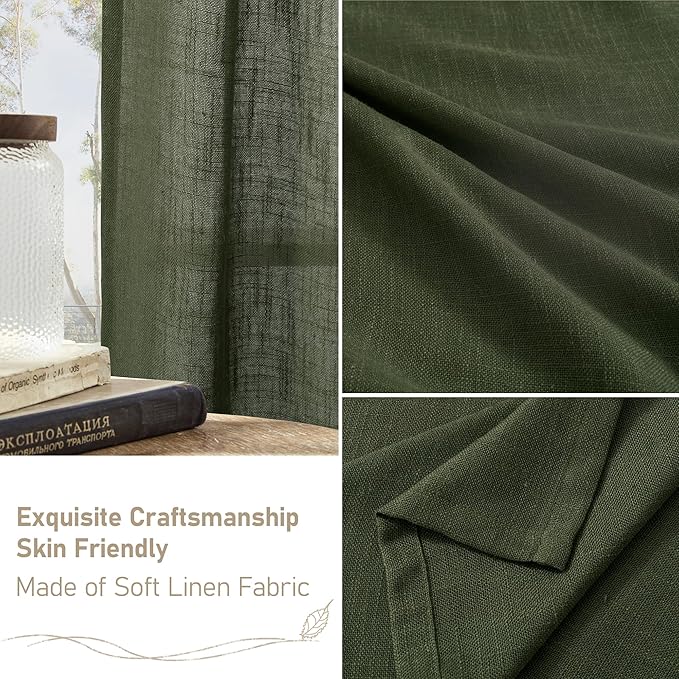 LAMIT 48 Inch Short Window Linen Curtains, Light Filtering Panels Back Tab and Rod Pocket Neutral Christmas Drapes for Cafe/Bathroom/Loft Room, Olive Green, 2 Panels, 34 x 48 Inch