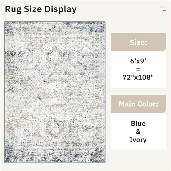 6x9 Area Rug for Living Room Washable 6x9 Non-Slip Modern Rugs for Bedroom Dinning Room Ultra-Thin Indoor Blue Ivory