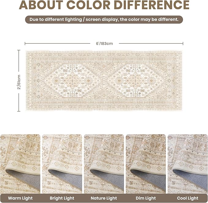 zesthome 2x6 Runner Rug for Hallways, Machine Washable Rug, Non Slip Vintage Low Pile Runners, Stain Resistant Runners for Entryway, Kitchen, Bathroom, Laundry Room, Corridor