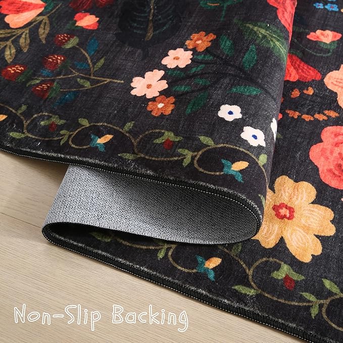 Rugcomf Door Mat Indoor Entrance 2x3 Rug Machine Washable Boho Floral Small Area Rug Non-Slip Low Pile Throw Rugs for Entryway, Kitchen, Front Door Indoor Entrance, Entry, Kids Room (Black)