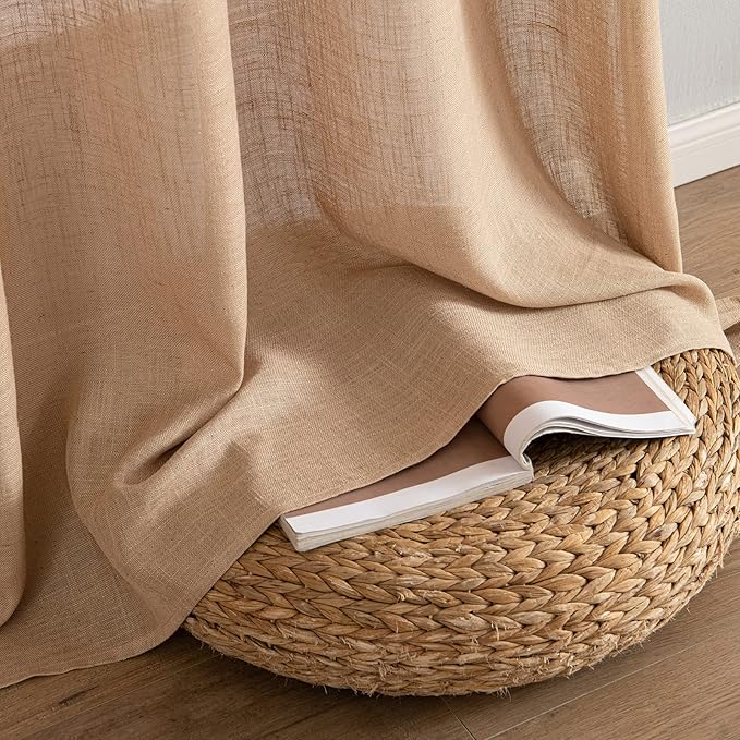 MIULEE Light Brown Linen Curtains 54 Inch Length 2 Panels for Bedroom Living Room, Soft Thick Linen Textured Natural Short Window Drapes Semi Sheer Light Filtering Back Tab Burlap Look Decor