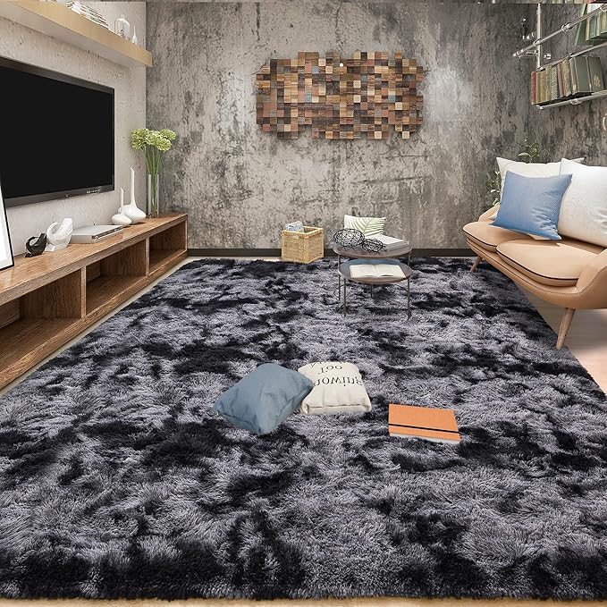 Tepook Soft Fluffy Rugs for Living Room, 5x8 Shaggy Area Rug for Bedroom, Modern Shag Rug Fuzzy Carpets for Kids, Plush Indoor Nursery Home Decor Rug with Non-Slip Bottom, Tie-dye Dark Grey