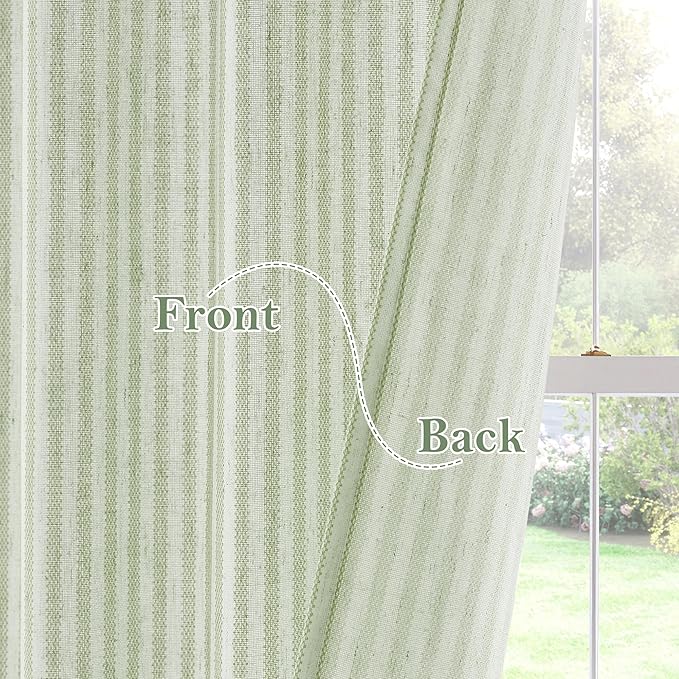 RYB HOME Linen Kitchen Striped Curtains for Cafe Bathroom Small Window, Short Pinstripe Drapes 36 inch Length Half Curtains for Living Room Boho Rustic Farmhouse, Sage Green, W26 x L36, 2 Panels
