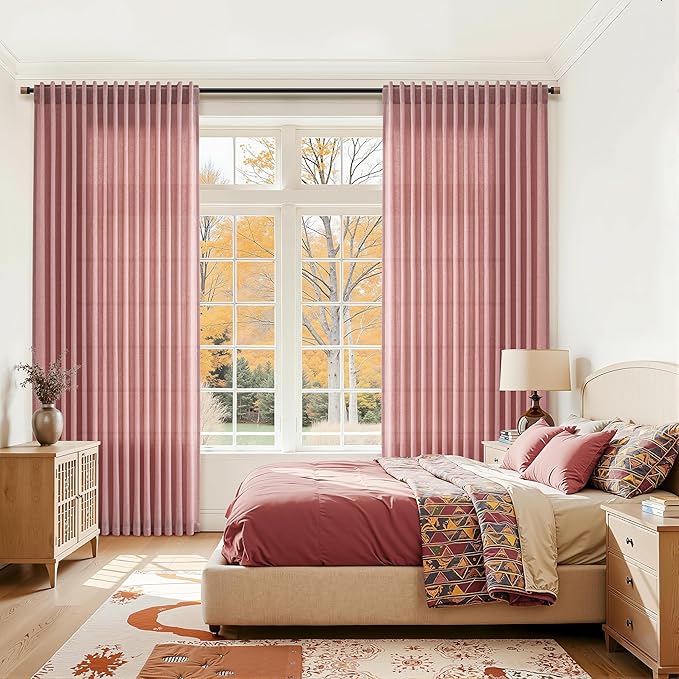 Canyon Rose Linen 144 Inch Curtains for Living Room Light Filtering Semi Sheer Curtain Back Tab Modern Farmhouse Decor Elegant Girl Drapes Floor to Ceiling High Window for Bedroom 52x144, 2 Panels