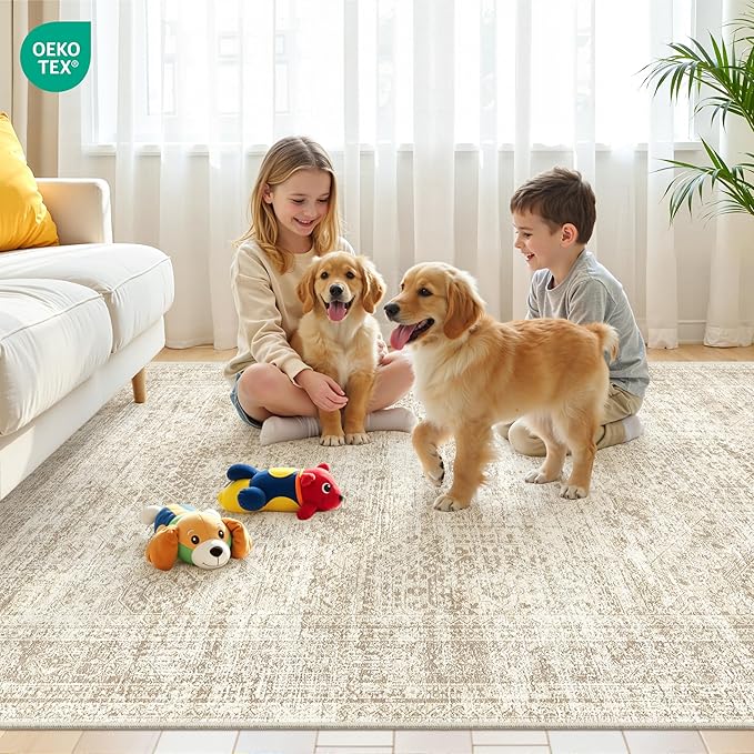 Area Rugs 4x6 for Living Room, Non-Slip Backing Small Kids Rugs for Bedroom, Vintage Abstract Rug Home Decor, Low Pile Soft Washable Rug for Kitchen, Dining Room (4'x6', Beige/Ivory)