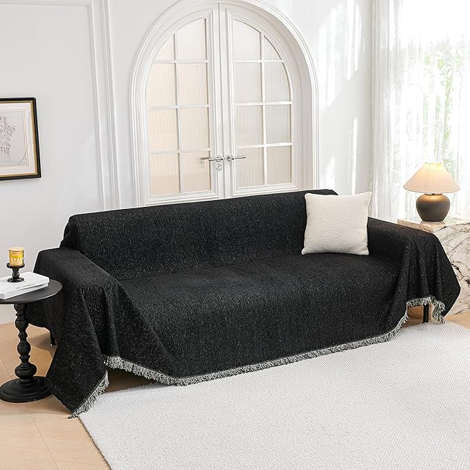MYSKY HOME Couch Covers for Sofa, Black Couch Sofa Covers for 3 Cushion Couch Sofa, Non Slip Soft Sofa Cover, Couch Cover for Dogs Washable Furniture Protector, 91"x134", Black