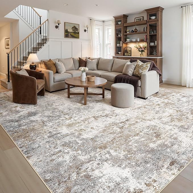 UERMEI 12x18 Area Rug Living Room Rugs - Washable Neutral Modern Abstract Soft Thin Rug Indoor Floor No Slip Rug Carpet for Bedroom Under Dining Table Home Office Decor - Blue/Light Brown