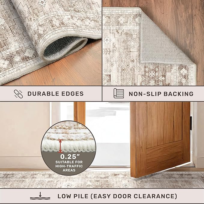 Hazo Haus Boho Bathroom Rug 2x5 Runner, Neutral Farmhouse Kitchen Rugs, Small Throw Runners for Laundry Room Bedroom, Vintage Floral Décor, Non-Slip Low-Pile Washable Stain Resistant Beige Latte