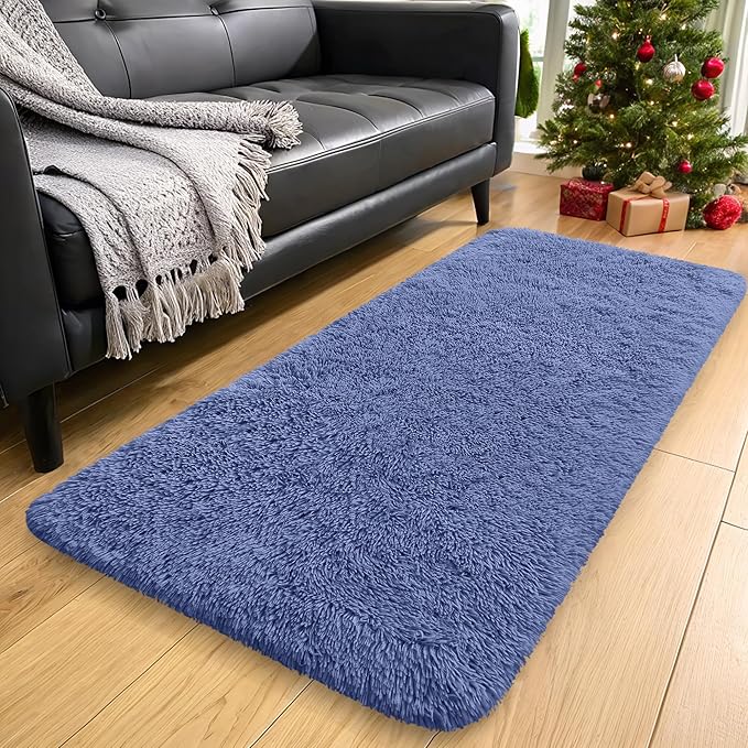 OLANLY 2x8 Machine Washable Runner Rugs for Hallway, Soft Fluffy Shaggy Bedside Rugs for Bedroom, Living Room, Indoor Floor Carpet for Kids Girls and Boys, Home Decor Aesthetic, Denim Blue