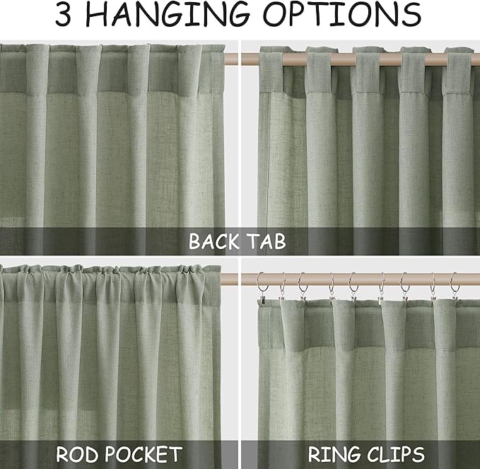 Nanspring Desert Sage Linen Curtains Semi Sheer 96 Inches Long 2 Panels Set for Living Room Back Tab Rod Pocket Light Filtering Drape for Bedroom Modern Farmhouse Coastal Decor Protect Privacy 52x96