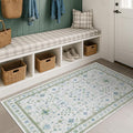 Blue and Green Washable Rugs 3x4 - Vintage Boho Floral Pastel Cream, Washable Low Pile Non Slip Small Throw Accent Area Rug for Bathroom, Door Mat Indoor Entrance, Kitchen, Bedroom Beside Bed Decor