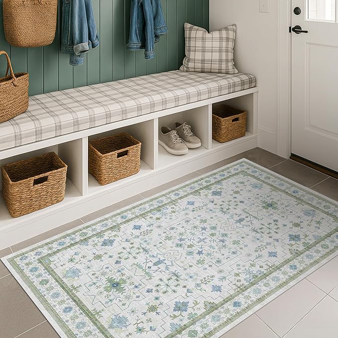 Blue and Green Washable Entryway Rugs 3x5 - Vintage Boho Floral Pastel Cream, Washable Low Pile Non Slip Small Throw Accent Area Rug for Door Mat Indoor Entrance, Kitchen, Bedroom Beside Bed Decor