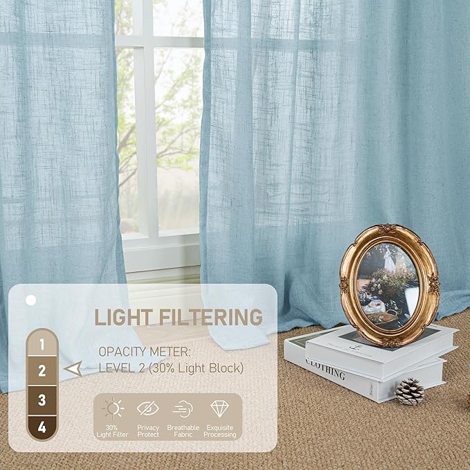 LAMIT Stone Blue Linen Curtains 45 Inch Length 2 Panels, Light Filtering Panels Back Tab and Rod Pocket Country Decor Drapes for Kitchen/Window/Loft Room/Bedroom, 34 x 45 Inch