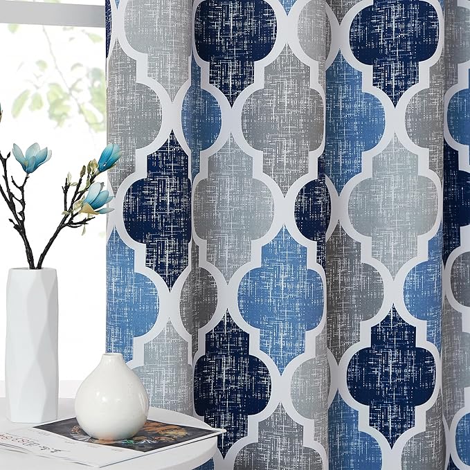 Beauoop 100% Blackout Curtains 96 Inches Long for Patio Sliding Door Blue Grey Extra Wide Moroccan Geo Room Darkening Thermal Soundproof Room Divider Grommet Window Treatment Drapes,100x96 Set of 1