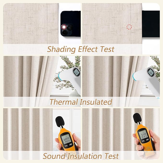 Guken 100% Blackout Linen Curtains 100 Inch Length 2 Panels Set for Living Room Bedroom Back Tab Rod Pocket Thermal Insulated Black Out Drapes Room Darkening Farmhouse Window Curtains,52x100