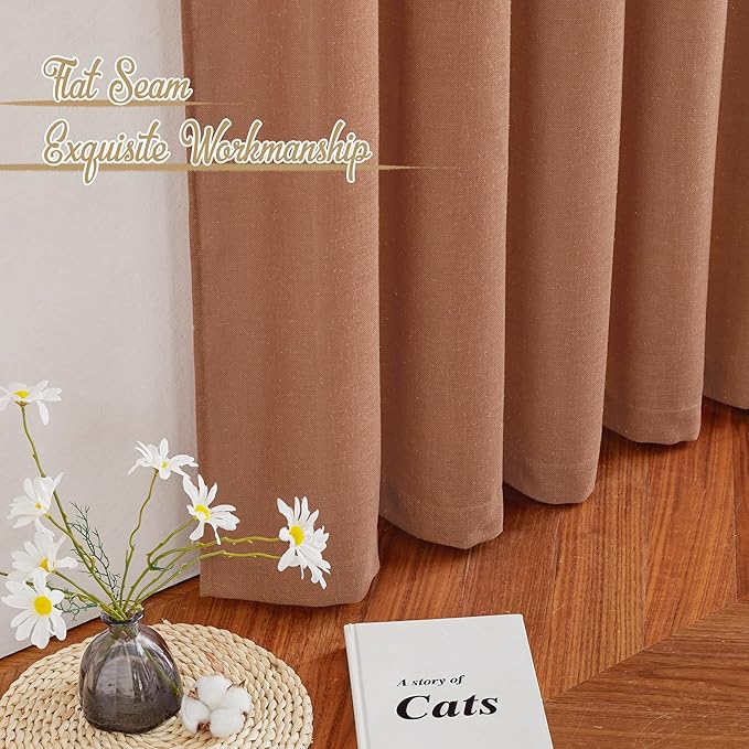 NICETOWN Linen Caramel Curtains & Drapes Privacy with Light Filtering, Rod Pocket & Back Tab Flax Linen Burlap Window Treatments Vertical Drapes for Bedroom/Living Room, W52 x L84, 2 Panels