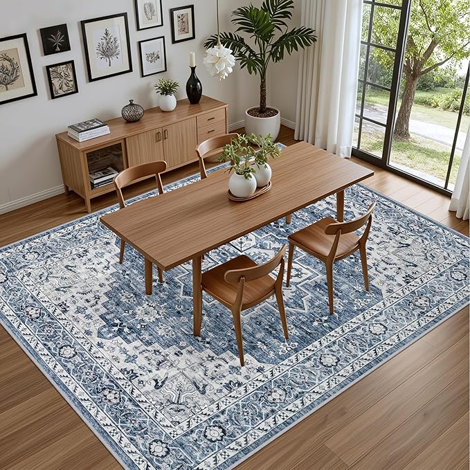 6x9 Area Rugs Living Room Rug: Washable Vintage Boho Medallion Rug No Slip Stain Resistant Soft Carpet Indoor Floor Large Carpets for Bedroom Dining Room Farmhouse Nursery Hallway Home Office Blue