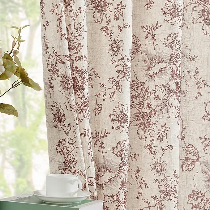 jinchan Linen Blend Curtain Floral Curtains for Living Room 84 Inch Length Farmhouse Brick Red Printed Curtain Rod Pocket Back Tab Peony Flower Patterned Drapes Curtains Set 2 Panels