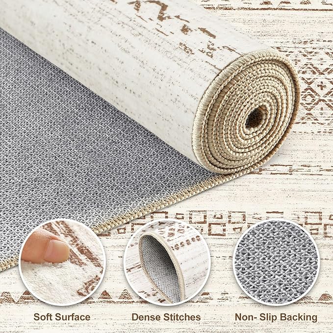 Nakagishi Area Rug Living Room Rugs: 5x7 Machine Washable Boho Large Neutral Farmhouse Stain Resistant Moroccan Indoor Floor Carpet for Bedroom Nursery Dorm Classroom Playroom Dining Room Home- Brown